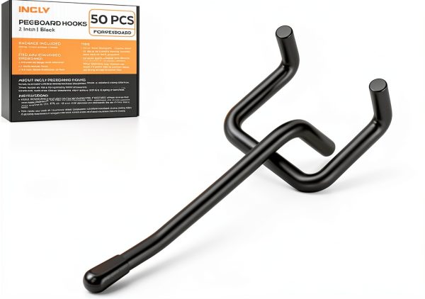 INCLY 50 Pack Black Pegboard Hooks, 2 Inch Metal Peg Board Hooks Accessories, Peg Board Tool Hangers Fit for 1/8“ and 1/4" Pegboard Hanging Tools for Garage, Craft Room, Kitchen, Store-0